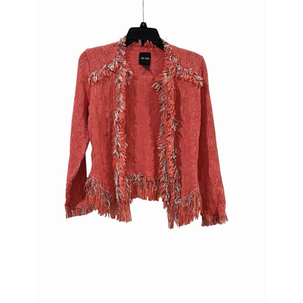 NIC + ZOE Pink Fancy Fringe Open Knit Blazer Women’s Small Tweed-Like